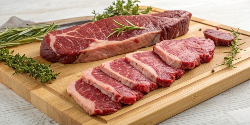 Different cuts of steak arranged on a wooden board, highlighting lean beef options with the least fat content for a healthier choice.