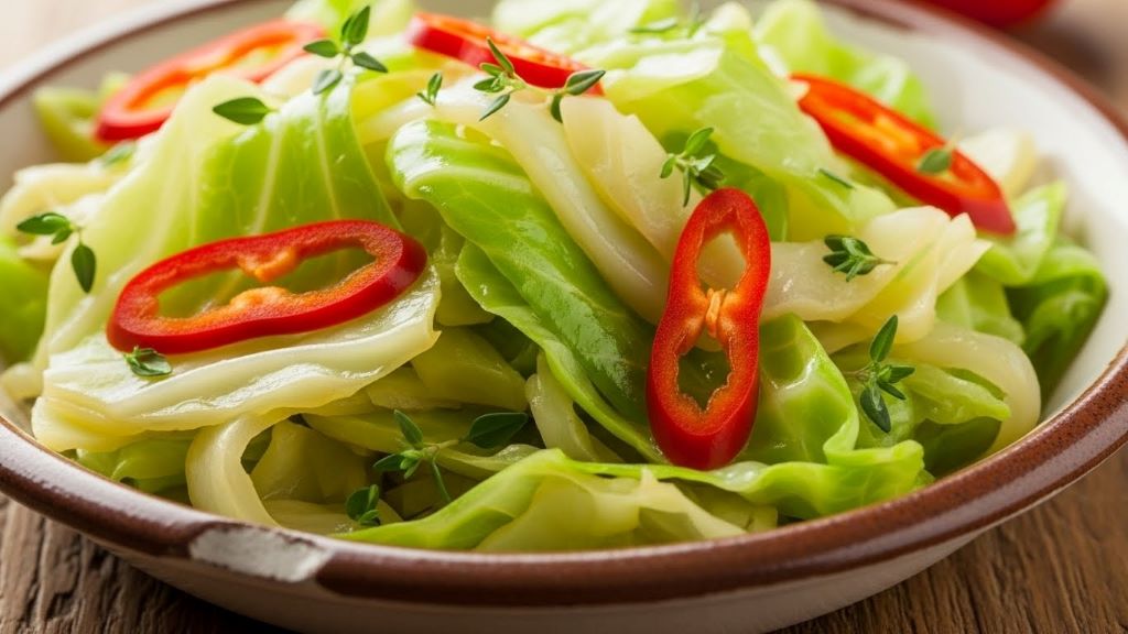 Traditional Caribbean side dish of sautéed green cabbage seasoned with Scotch bonnet pepper and thyme