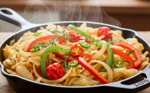 Freshly cooked Jamaican cabbage in a skillet with peppers, onions, and aromatic herbs