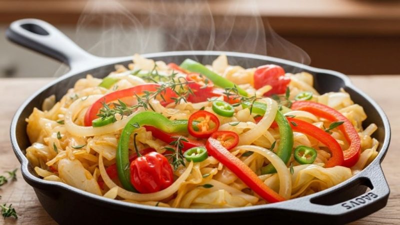 Freshly cooked Jamaican cabbage in a skillet with peppers, onions, and aromatic herbs