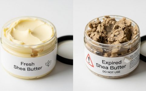 Spoiled shea butter showing color and texture changes