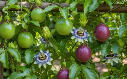 Passion fruit vine growing on trellis