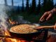 Traditional Yukon bannock flatbread cooking in cast iron skillet over campfire with golden brown crust forming
