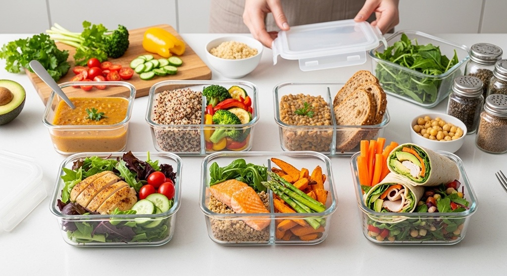 Healthy lunch prep containers with balanced meals for work.