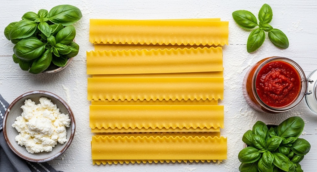 Raw Mueller lasagna noodles and fresh ingredients for homemade meat lasagna preparation.