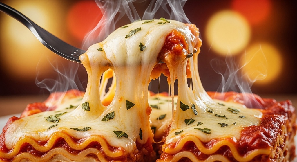 Macro shot of cheesy lasagna layers showing the texture of Mueller wavy pasta and meat sauce.
