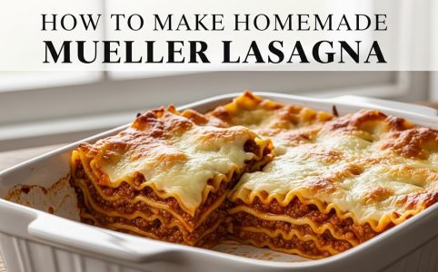 Sizzling homemade Mueller lasagna with melted mozzarella and wavy pasta layers in a baking dish.