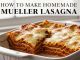 Sizzling homemade Mueller lasagna with melted mozzarella and wavy pasta layers in a baking dish.