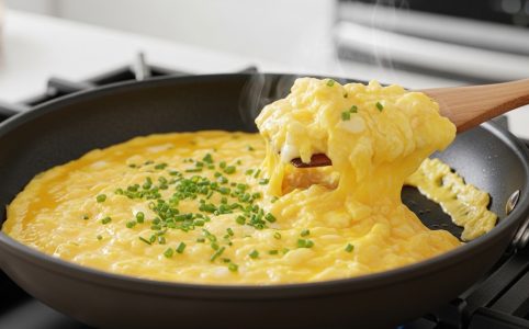 Chef-style soft fluffy scrambled eggs cooking in nonstick pan