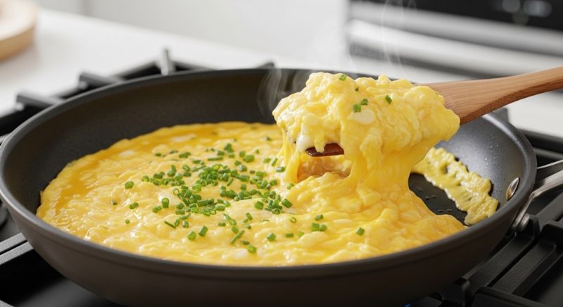 Chef-style soft fluffy scrambled eggs cooking in nonstick pan