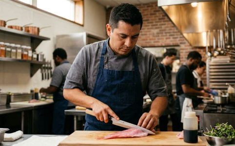Houston chef preparing Japanese-inspired seafood dishes in a modern Texas restaurant kitchen