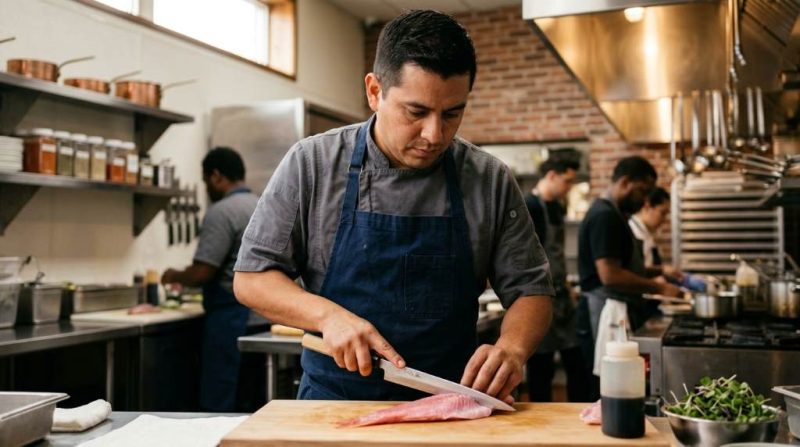 Houston chef preparing Japanese-inspired seafood dishes in a modern Texas restaurant kitchen
