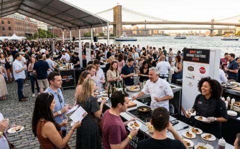 Guests sampling wine and gourmet food at the NYC Wine & Food Festival Grand Tasting Village with Manhattan skyline in the background