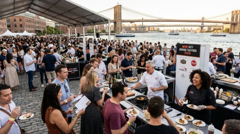 Guests sampling wine and gourmet food at the NYC Wine & Food Festival Grand Tasting Village with Manhattan skyline in the background