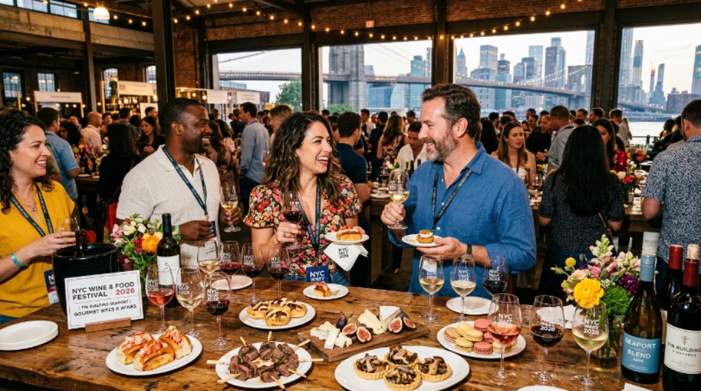 A celebrity chef preparing dishes at an outdoor cooking demonstration during the NYC Wine & Food Festival 2026