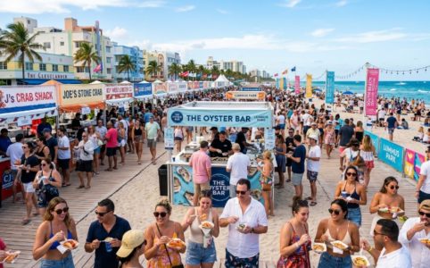 Thousands of festival guests sampling fresh seafood dishes from pop-up restaurant booths along the sandy shores of Lummus Park at the South Beach Seafood Festival 2026 in Miami Beach