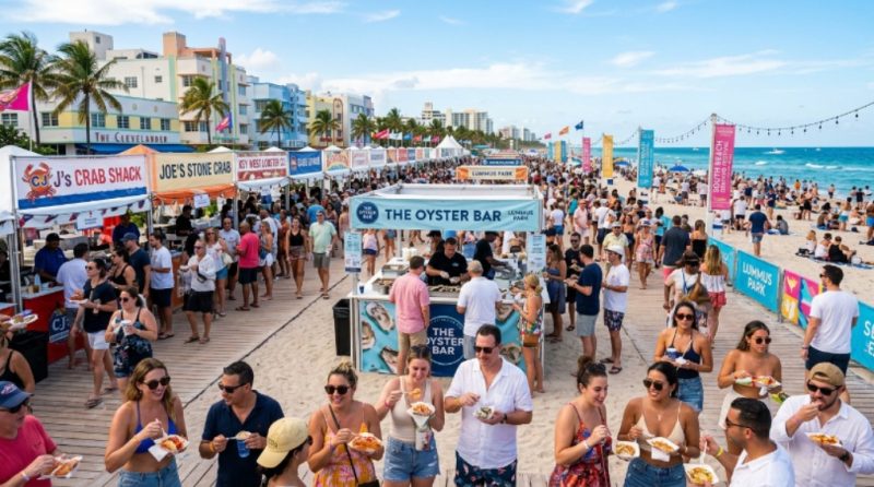 Thousands of festival guests sampling fresh seafood dishes from pop-up restaurant booths along the sandy shores of Lummus Park at the South Beach Seafood Festival 2026 in Miami Beach