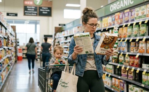Austin parent reading nutrition labels in a grocery store in 2026