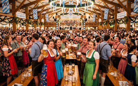Crowds of visitors in traditional dirndls and lederhosen celebrating inside a packed Oktoberfest beer tent in Munich