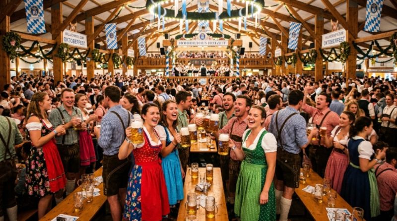 Crowds of visitors in traditional dirndls and lederhosen celebrating inside a packed Oktoberfest beer tent in Munich