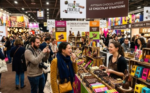 Visitors exploring chocolate stalls at Salon du Chocolat 2026 in Paris, surrounded by colorful displays of artisan chocolate