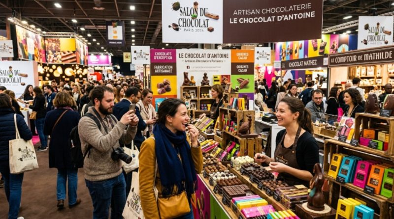 Visitors exploring chocolate stalls at Salon du Chocolat 2026 in Paris, surrounded by colorful displays of artisan chocolate
