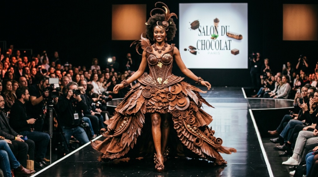 Model wearing an elaborate chocolate costume on the runway at the Salon du Chocolat fashion show in Paris