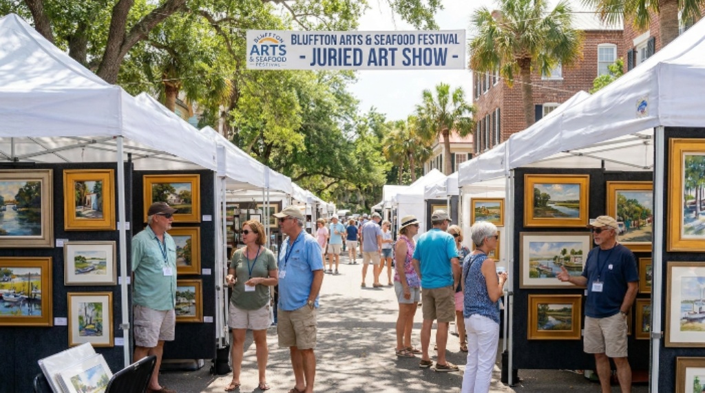 Juried fine art show with artists displaying paintings at Bluffton festival
