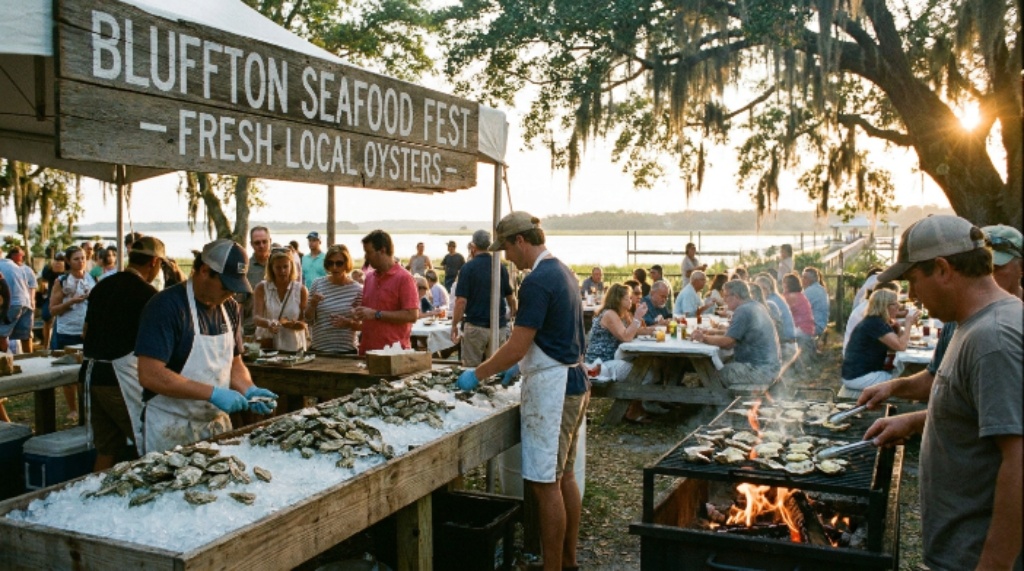 Fresh Lowcountry oysters served at Bluffton Seafood Festival outdoor food stall