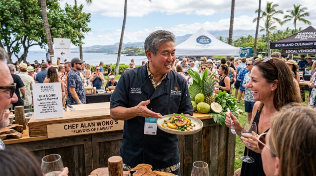 James Beard Award-winning chef Alan Wong presenting a dish made with locally grown Hawaii ingredients at a chef-hosted culinary event on the Big Island during the 2026 festival