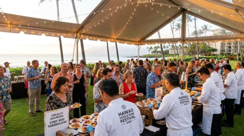 World-class chefs serving locally sourced Hawaiian dishes to guests at an oceanfront grand tasting event during the Hawaii Food and Wine Festival 2026 at Sheraton Maui Resort in Kaananapali