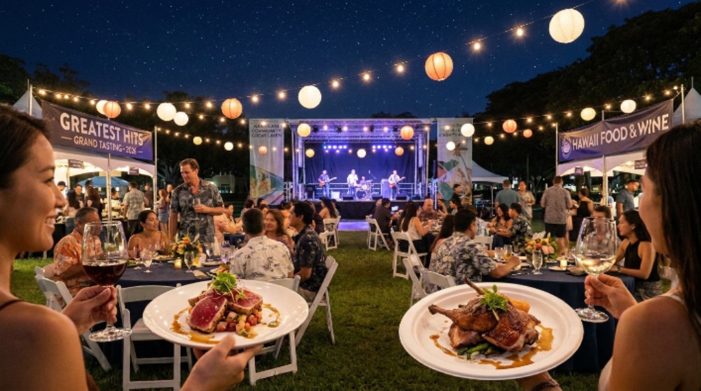 Guests enjoying wine and gourmet Hawaiian cuisine under the stars at the Greatest Hits grand tasting at Kapiolani Community College Great Lawn during the 2026 festival on Oahu