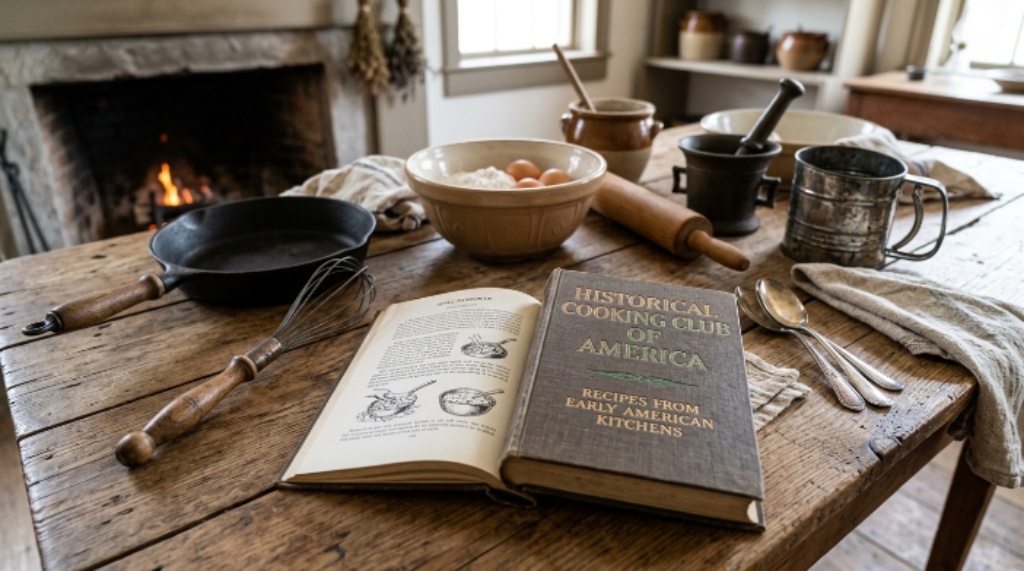 Historical Cooking Club of America cookbook and kitchen tools on a wooden table