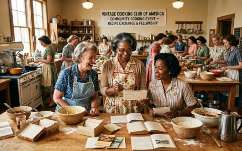 Vintage Cooking Club of America members sharing recipes during a community cooking event