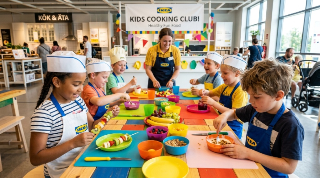 Young participants preparing simple recipes during an IKEA Kids Cooking Club workshop