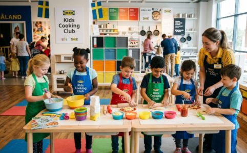 Children learning to cook together at an IKEA Kids Cooking Club session