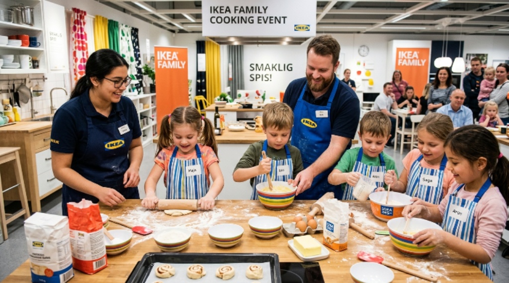 Kids wearing aprons while cooking with instructors at an IKEA family cooking event