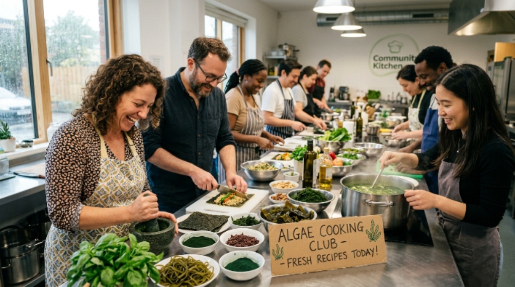 Home cooks preparing fresh recipes during an Algea Cooking Club event