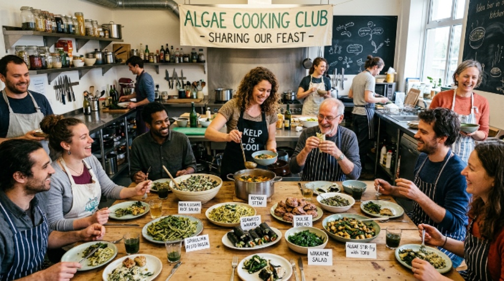 Algea Cooking Club community sharing homemade dishes in a group kitchen