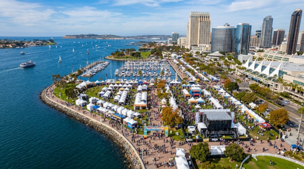 Aerial view of Embarcadero Marina Park North with festival tents along San Diego Bay in November