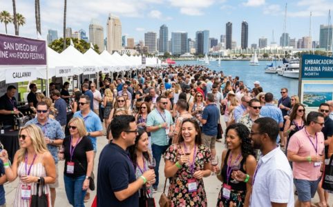 Crowds enjoying wine tastings at Embarcadero Marina Park North during the San Diego Bay Wine and Food Festival