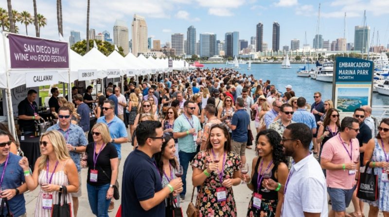 Crowds enjoying wine tastings at Embarcadero Marina Park North during the San Diego Bay Wine and Food Festival