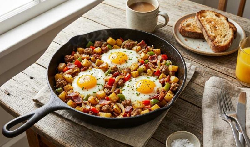 Crispy golden home fries with over easy eggs in a skillet