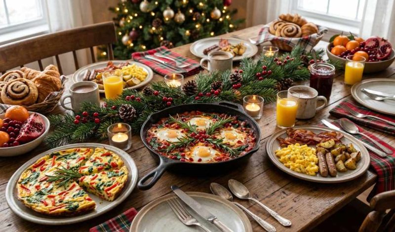 Golden baked breakfast strata with sausage and melted cheese