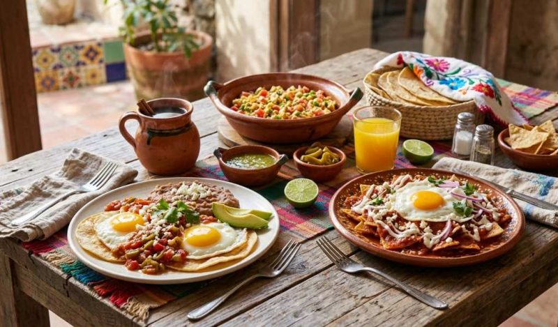 Huevos rancheros topped with ranchera sauce and queso fresco