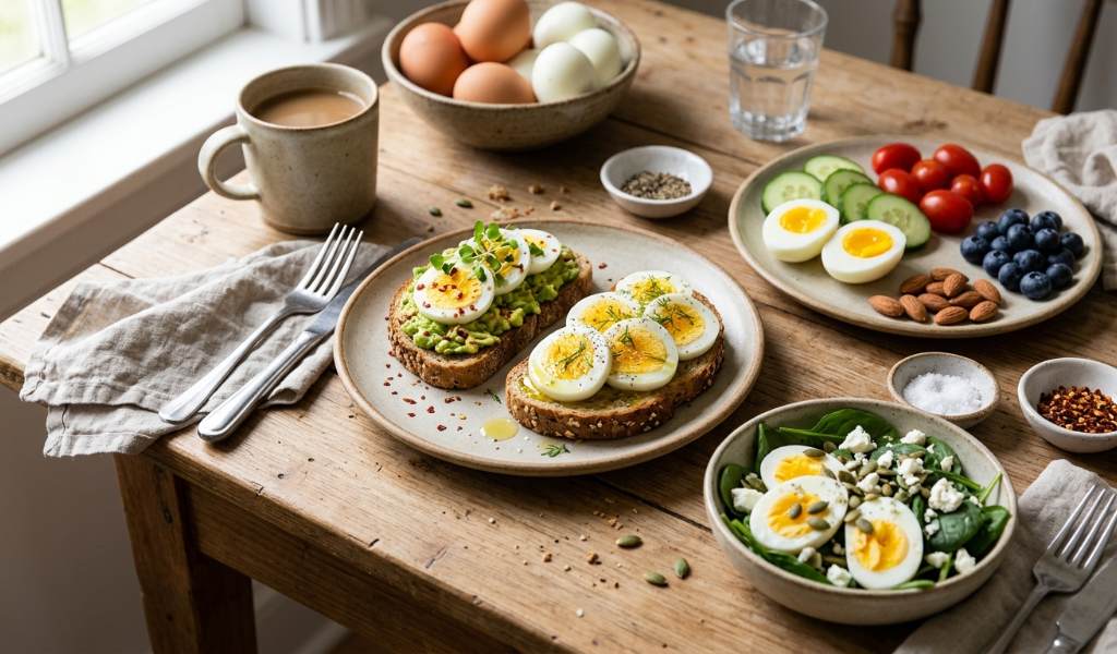 Protein breakfast bowl with quinoa, greens, and halved eggs