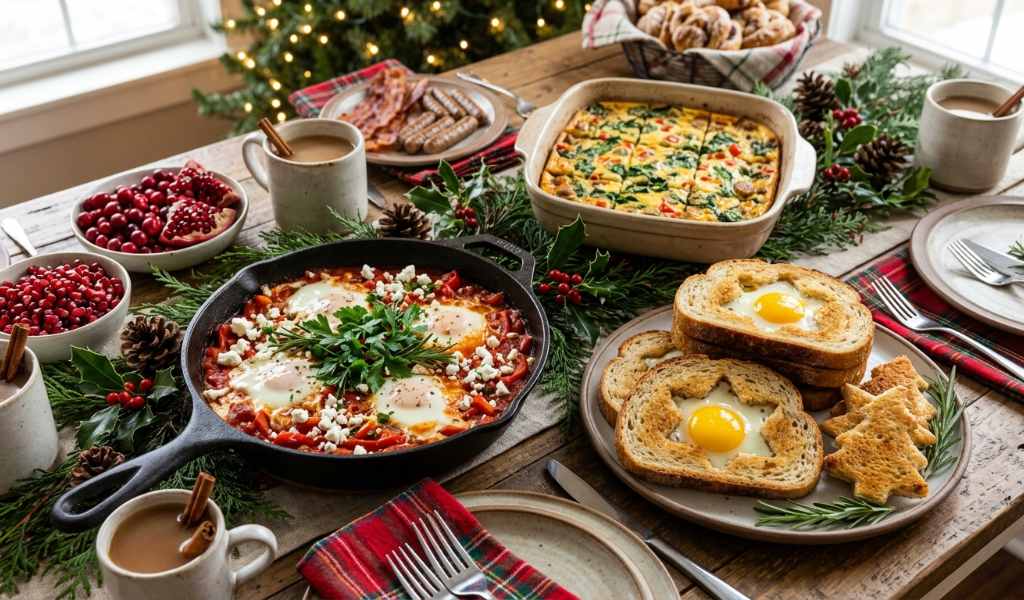Red and green pepper ring eggs on a holiday platter