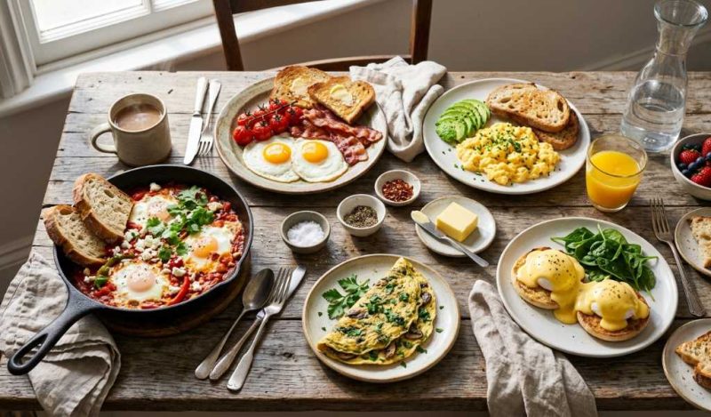 Scrambled eggs on a plate with toast and fresh herbs