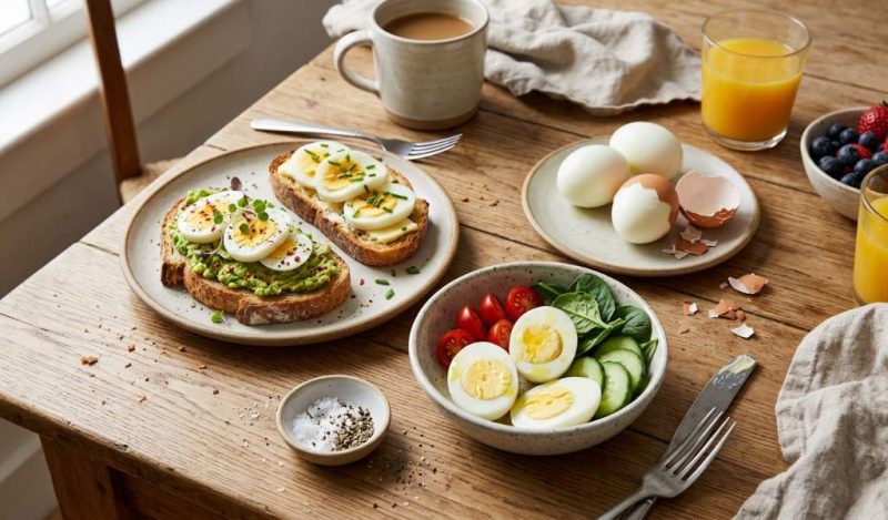 Sliced hard boiled eggs on avocado toast with chili flakes