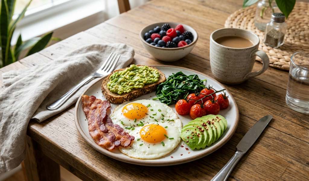Sweet potato, egg, and bacon hash in a skillet